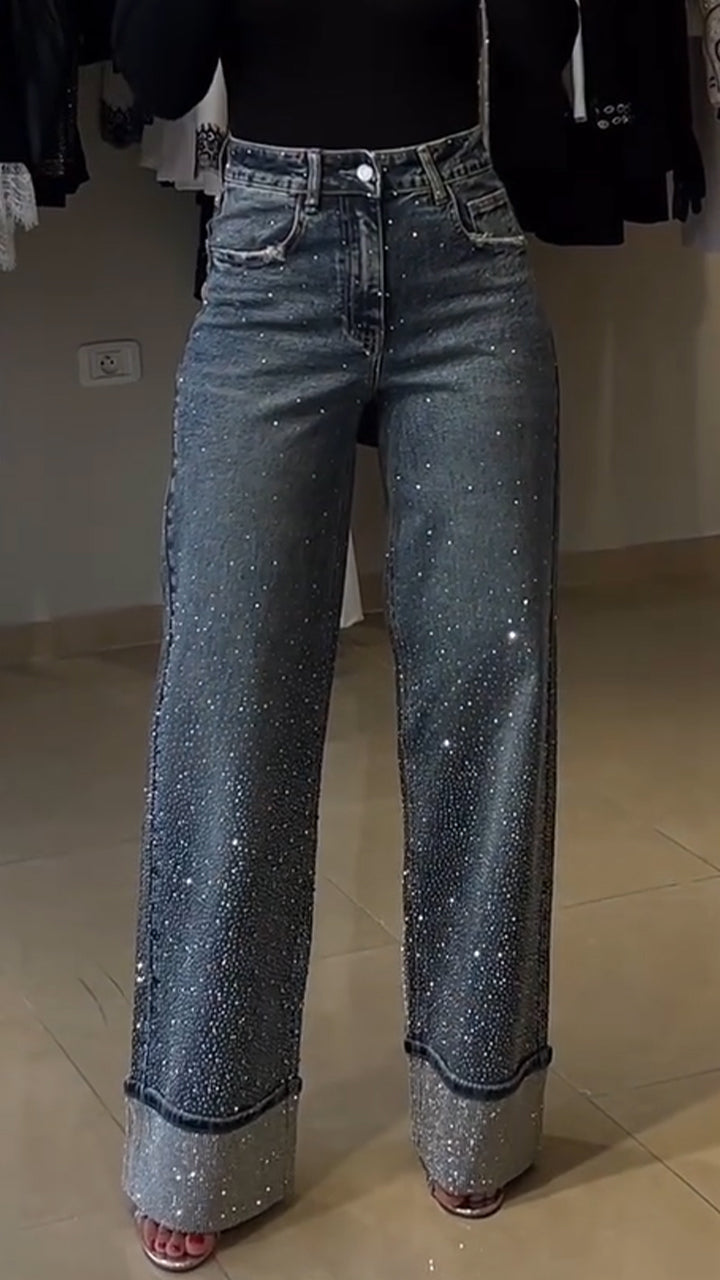 Women Rhinestone Washed Stitching Casual Jeans