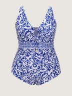 Sarong Set Geometric Print Mesh One-Piece Swim