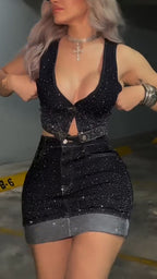 Womens Hot Rhinestone Sexy Casual Denim Suit