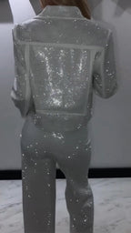 Women Laple Collar Hot Diamond Jacket+ Pants Sparkling Casual Set