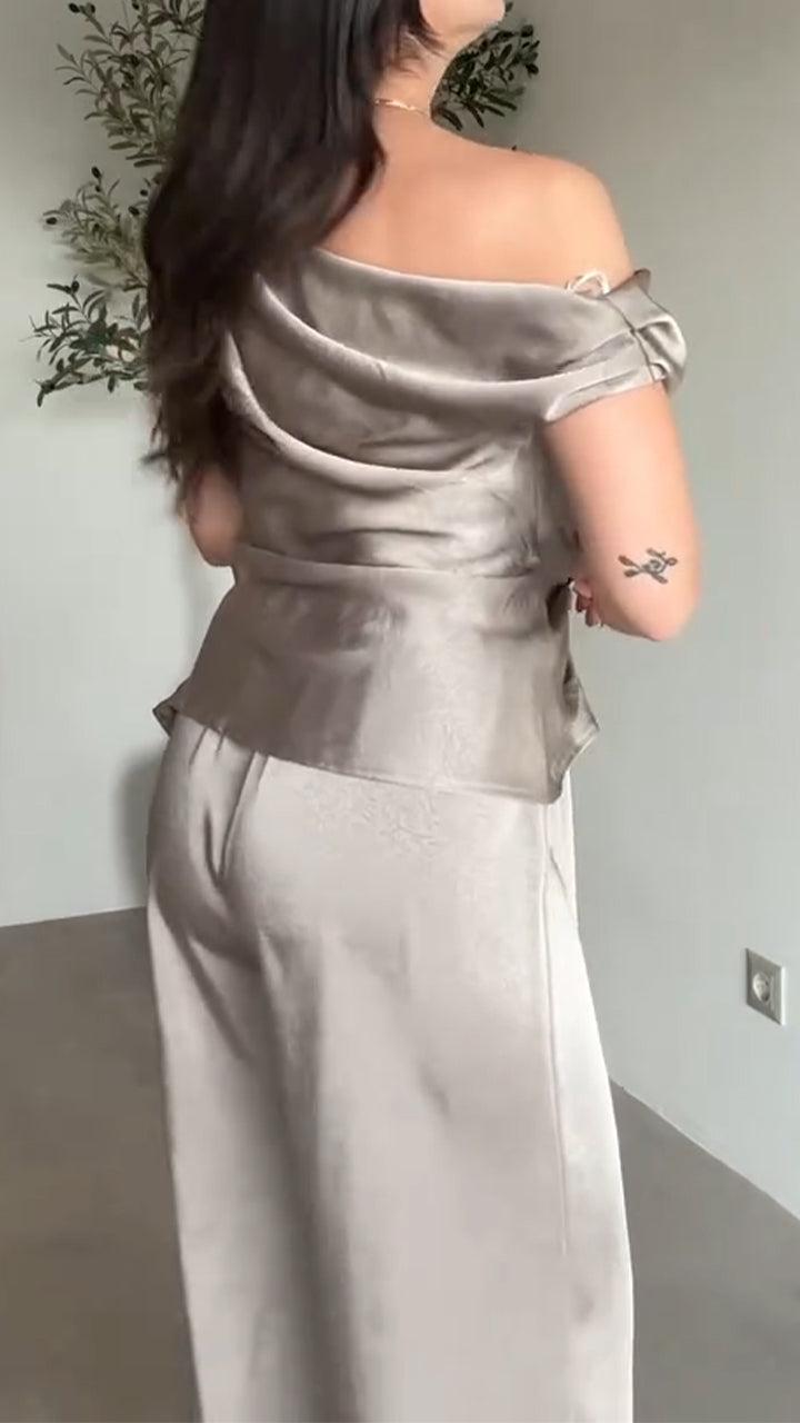 Women Diagonal Collar Pleated Top+ Pants Satin Temperament Casual Suit