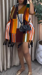 Women V-neck Printed Patchwork Tassel Casual Dress