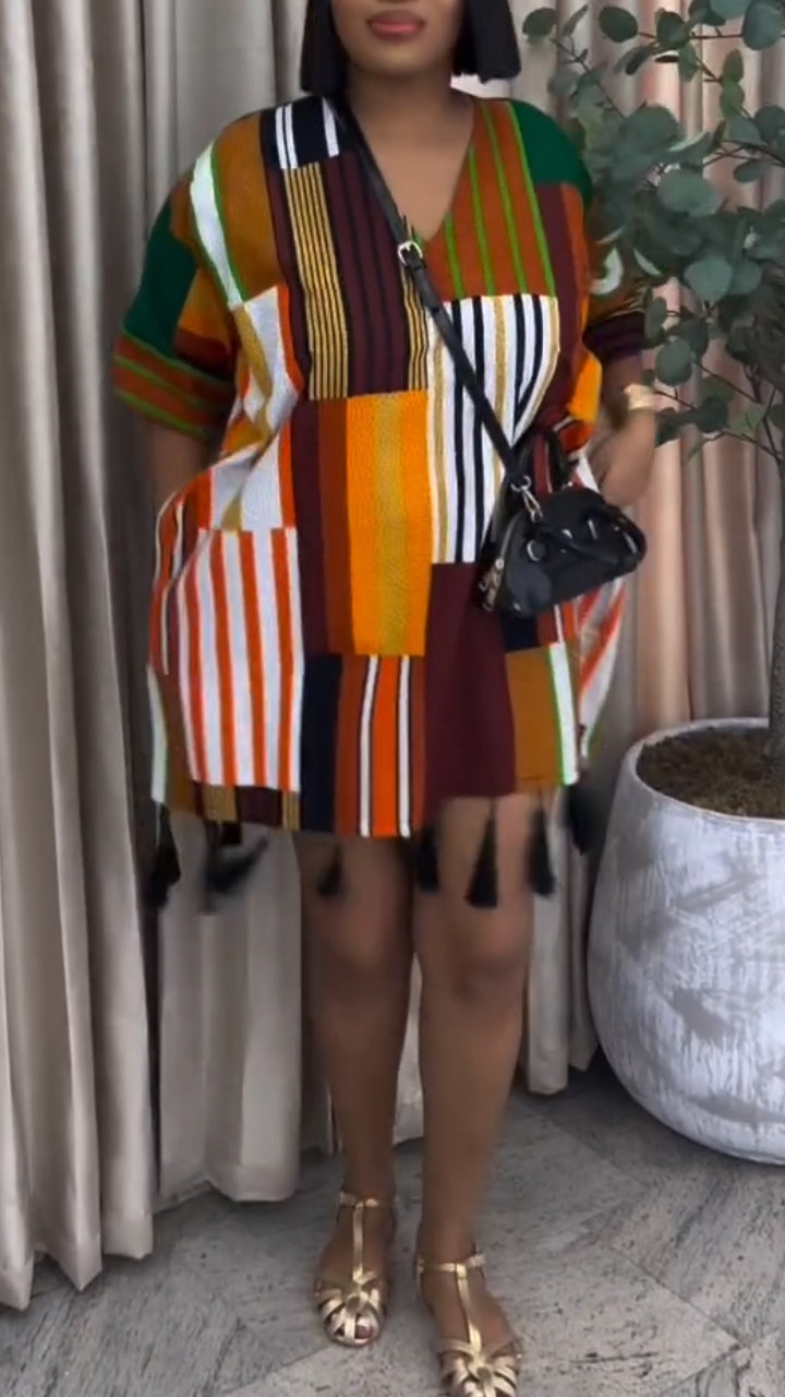 Women V-neck Printed Patchwork Tassel Casual Dress