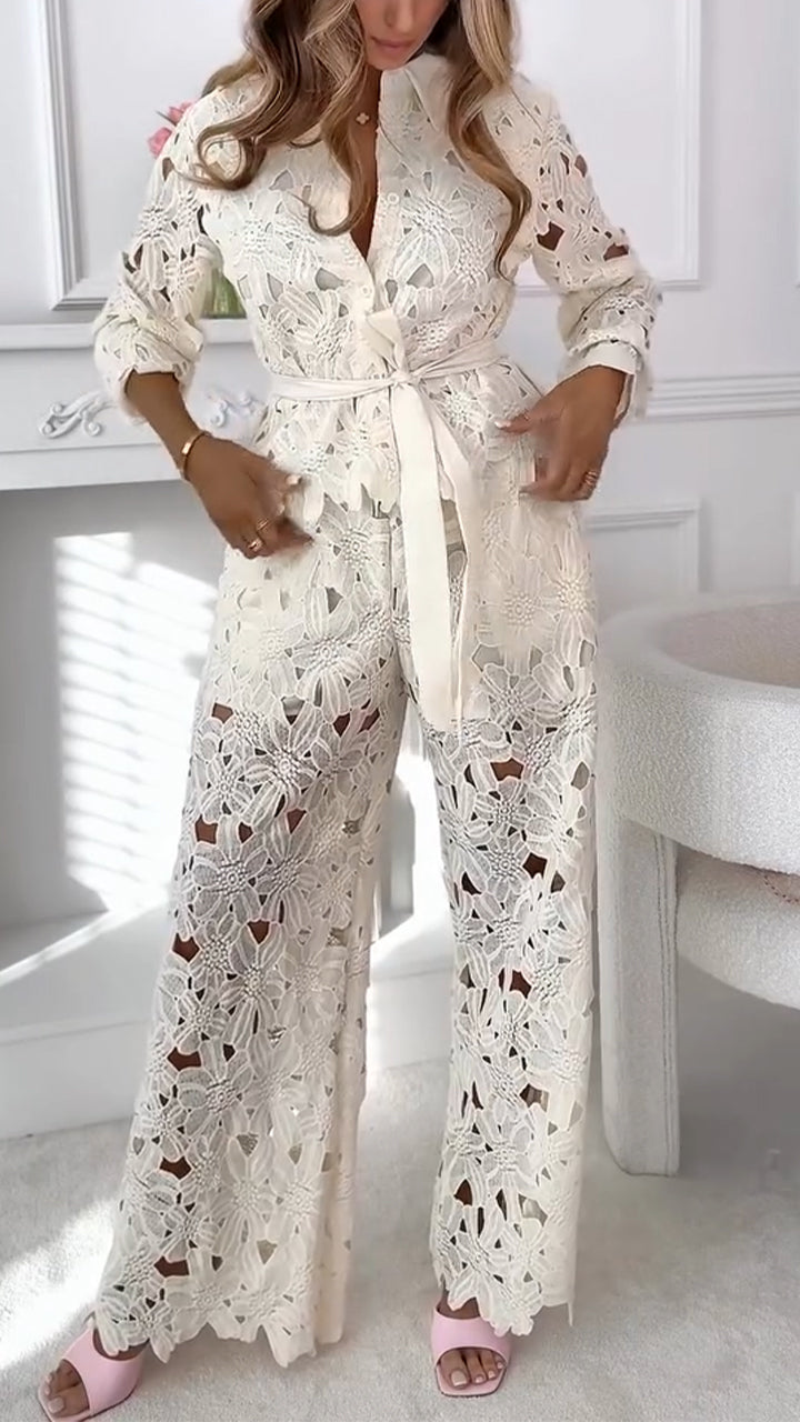 Women Collar Lace Hollow Out Casual Suit