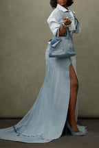 Womens Split Spliced Denim Dress + Short Jacket Casual Set