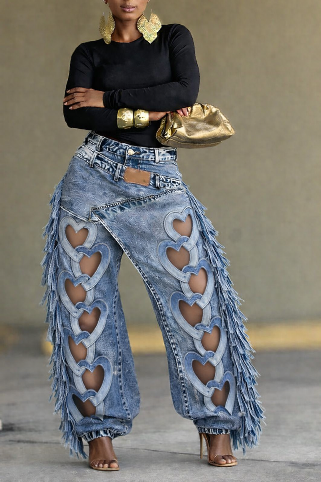 Women's Heart-Shaped Hollow-Out Tassel Heavy-Duty Jeans