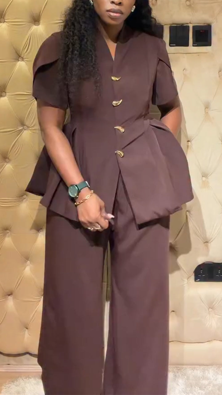 Womens V-neck Top + Pants Casual Outfit with Temperament