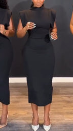 Women Round Neck Solid Color Waist Cinching Elegant Temperament Dress