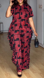 Women Round Neck Short Sleeved Printed Top + Side Stitched Tassel Pants Casual Set