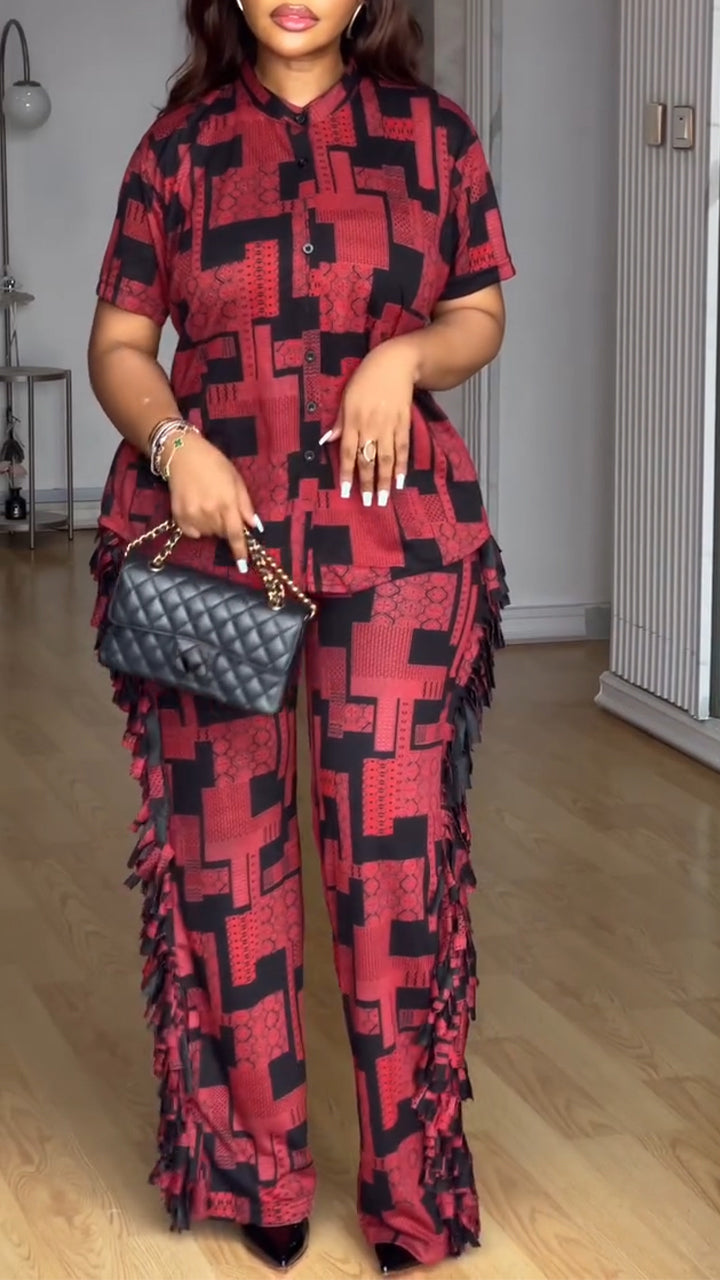 Women Round Neck Short Sleeved Printed Top + Side Stitched Tassel Pants Casual Set