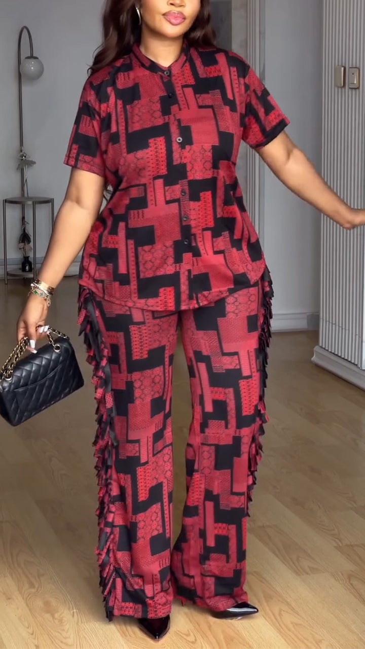 Women Round Neck Short Sleeved Printed Top + Side Stitched Tassel Pants Casual Set