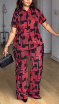 Women Round Neck Short Sleeved Printed Top + Side Stitched Tassel Pants Casual Set