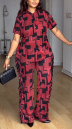 Women Round Neck Short Sleeved Printed Top + Side Stitched Tassel Pants Casual Set