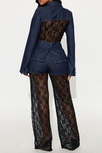 Ladies' Casual Denim Lace Patchwork Suit Top And Pants