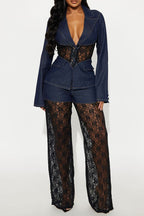 Ladies' Casual Denim Lace Patchwork Suit Top And Pants