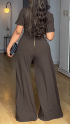 Women Round Neck Hollow Out Temperament Casual Wide Leg Jumpsuit