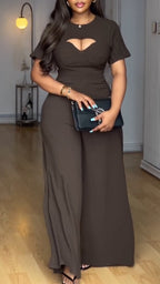 Women Round Neck Hollow Out Temperament Casual Wide Leg Jumpsuit