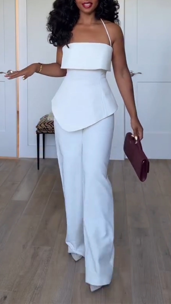 Women Neck Hanging Irregular Top + Pants Solid Color Temperament Casual Suit