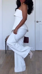 Women Neck Hanging Irregular Top + Pants Solid Color Temperament Casual Suit