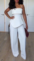 Women Neck Hanging Irregular Top + Pants Solid Color Temperament Casual Suit