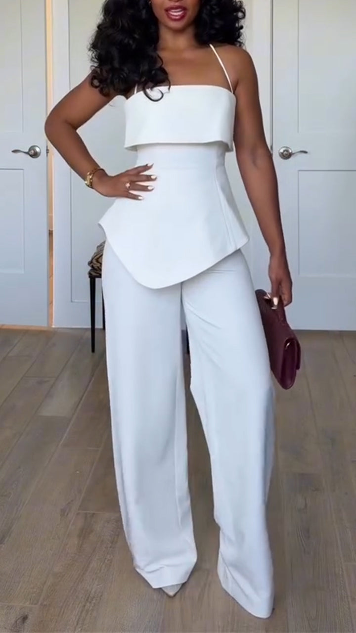 Women Neck Hanging Irregular Top + Pants Solid Color Temperament Casual Suit