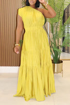Women's Casual Flowy One Shoulder Tiered Maxi Dress