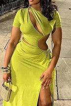 Women's Short Sleeve Ruched Maxi Dress with Bodycon Fit & Waist Cutouts