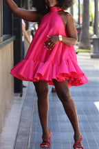 Women's Sleeveless Halter Flare Dress with Voluminous Ruffle Skirt