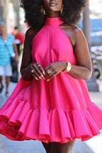 Women's Sleeveless Halter Flare Dress with Voluminous Ruffle Skirt