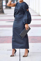 Women's Asymmetrical Black Maxi Dress with Single Statement Puff Sleeve