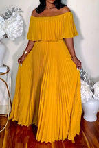 Women's Flowy Pleated Off-Shoulder Jumpsuit with Ruffle Overlay