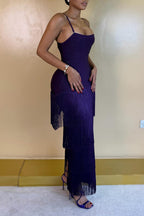 Women's Party Sparkling Rhinestone Fringe Hem Midi Dress