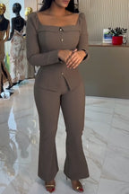Women Square Neck Breasted Top+ Pants Casual Outfit with Temperament