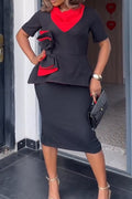 Women Round Neck Spliced Bow Top + Half Skirt Temperament Commuting Style Formal Suit