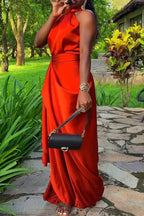 Womens Neck Hanging Sleeveless Waist Cinching and Elegant Temperament Maxi Dresses