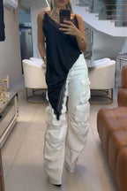 Women Camisole Patchwork Lace Irregular Top or Multi Pocket Patchwork Wide Leg Jeans