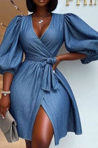 Women's Denim Wrap Dress with Balloon Sleeves & Side Slit