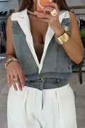 Women's Denim Vest Or White Wide-Leg Pants with Contrast Lape