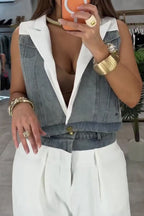 Women's Denim Vest Or White Wide-Leg Pants with Contrast Lape