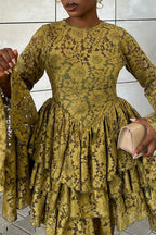 Women's Elegant Flare Sleeve Tiered Hem Lace Mini Dress