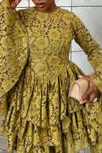 Women's Elegant Flare Sleeve Tiered Hem Lace Mini Dress