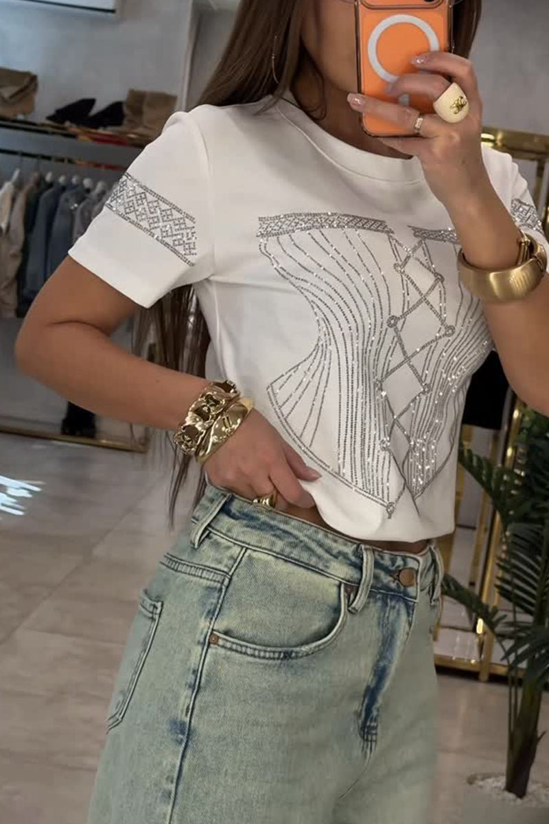 Women's Graphic Tee with Rhinestone Corset Design & Crew Neck