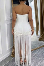 Women's Strapless Floral Tassel Maxi Dress