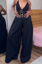 Women High Waisted Patchwork Metal Buckle Decoration Casual Wide Leg Pants