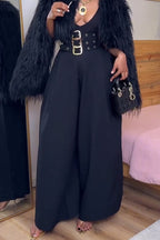 Women High Waisted Patchwork Metal Buckle Decoration Casual Wide Leg Pants