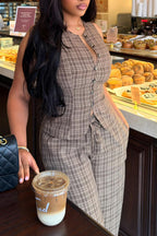 Women Round Neck Breasted Vertical Stripe Top+ Pants Casual Set with Temperament