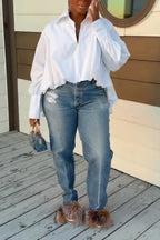 Women Collar Solid Color Shirt or Washed Scratch Jeans
