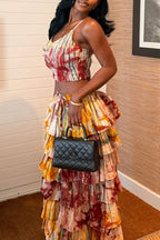 Women Suspender Printed Top + Patchwork Multi-layered Skirt Elegant Temperament Set