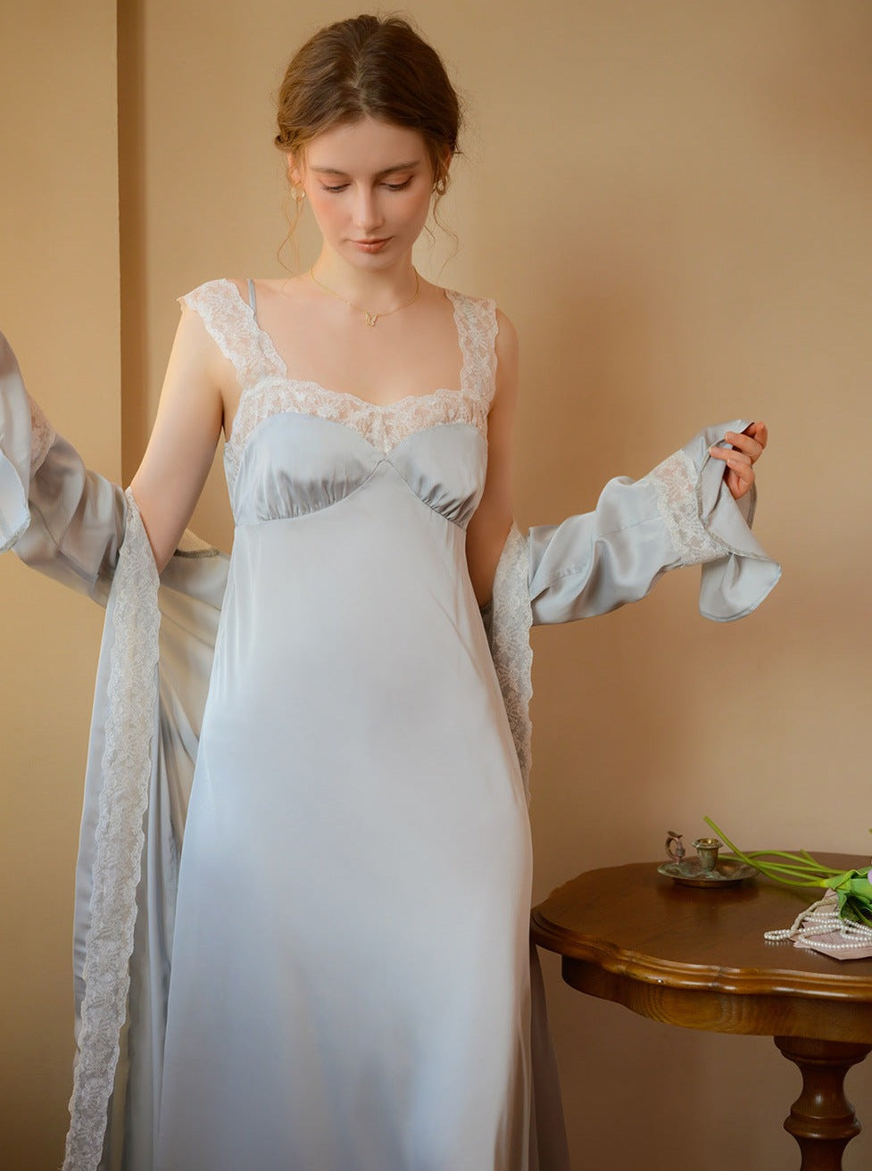 Lace Satin Built In Bra Nightgown 2pcs Set