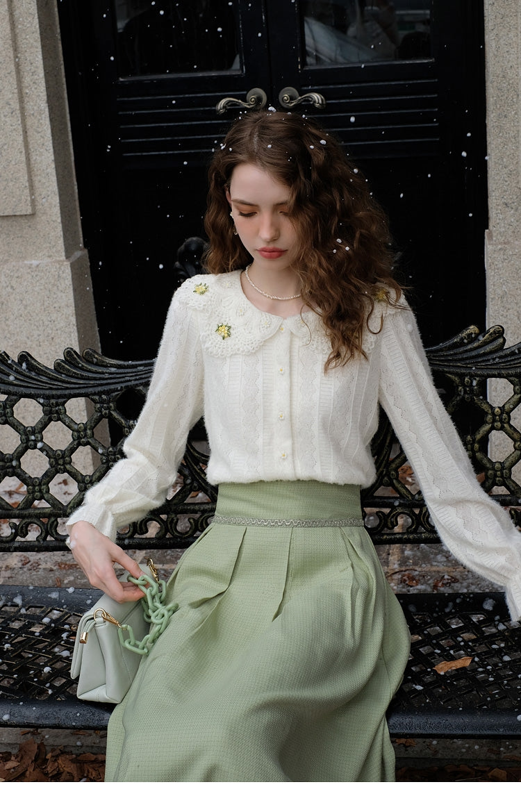 Fluffy Lace Blouse + High Waist Pleated Skirt